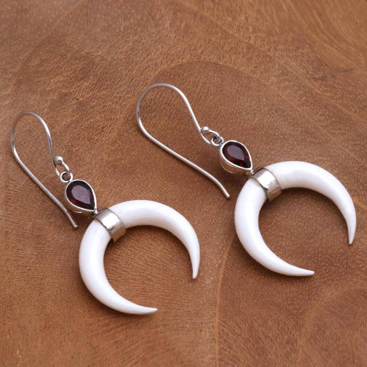 NOVICA - Wholesale Dangle Earrings - NOVICA Sanur Crescents Garnet and bone dangle earrings