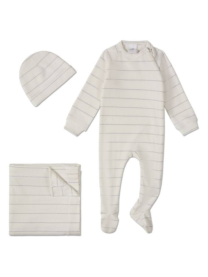 White Metallic Striped Side Zipper 3 PC Footie Set for wholesale on Faire