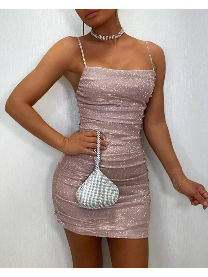 Queen Fashion – wholesale Blus - Dam – solid glitter spagetti rem rynkad bodycon klänning