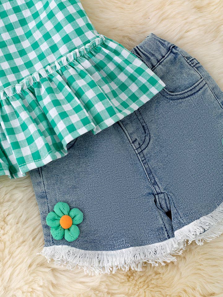 Kids Charm Online - Wholesale Top & Short Set - Kids - Green gingham ruffle top & denim shorts. OFG50409 amy