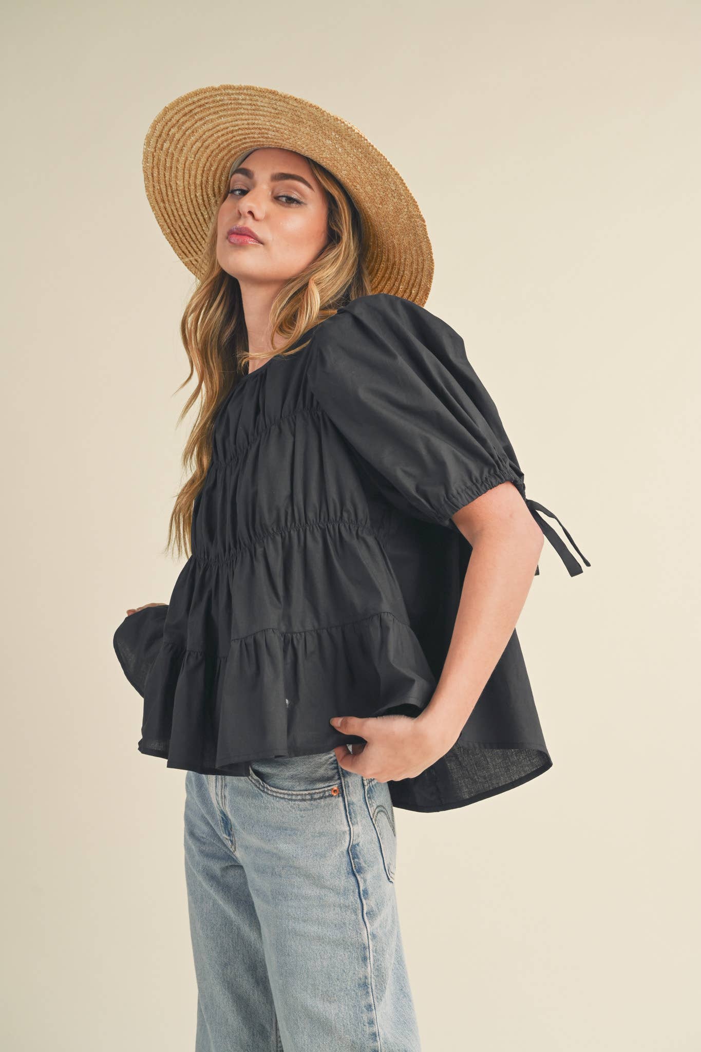 &MERCI - Wholesale Blouse - Women's - TIERED SHIRRING PUFF SLEEVE TOP MTP308158