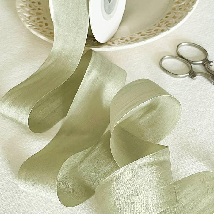 Silk Closed Edge Ribbon in Dusky Sage Green | Fine Silk for wholesale by The Natural Paper Company