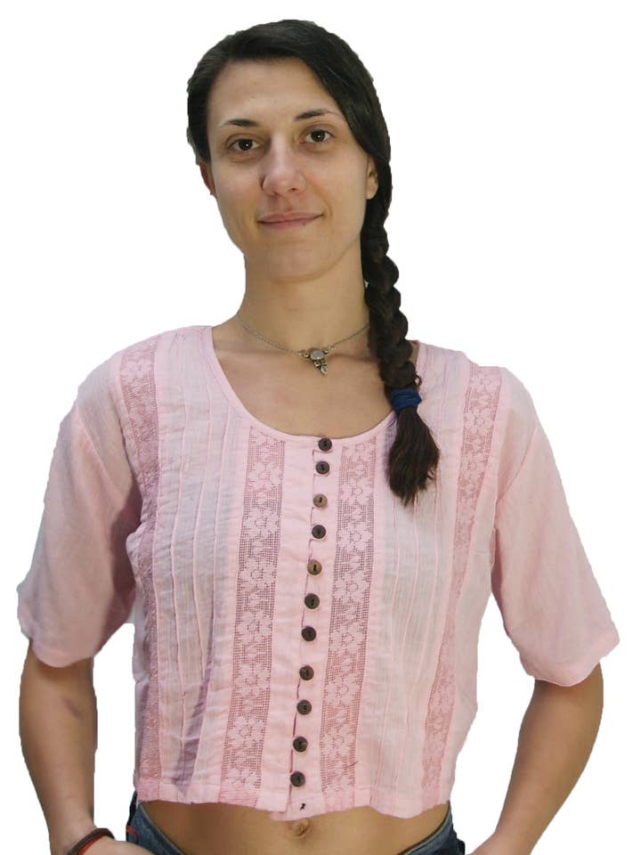 Blusa Jaal Choli de manga corta con botones y encaje para venta al por mayor de KASHI INC