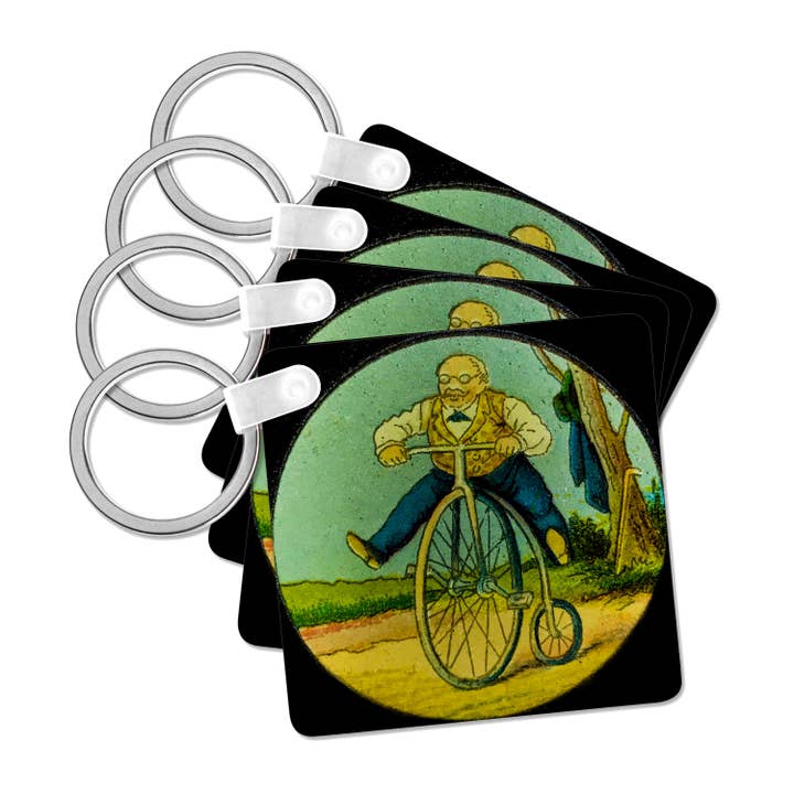 3dRose - Wholesale Keychain - Unisex - 3dRose, Vintage German Magic Lantern Slide Fat Man on a Penny Farthing, Key Chain