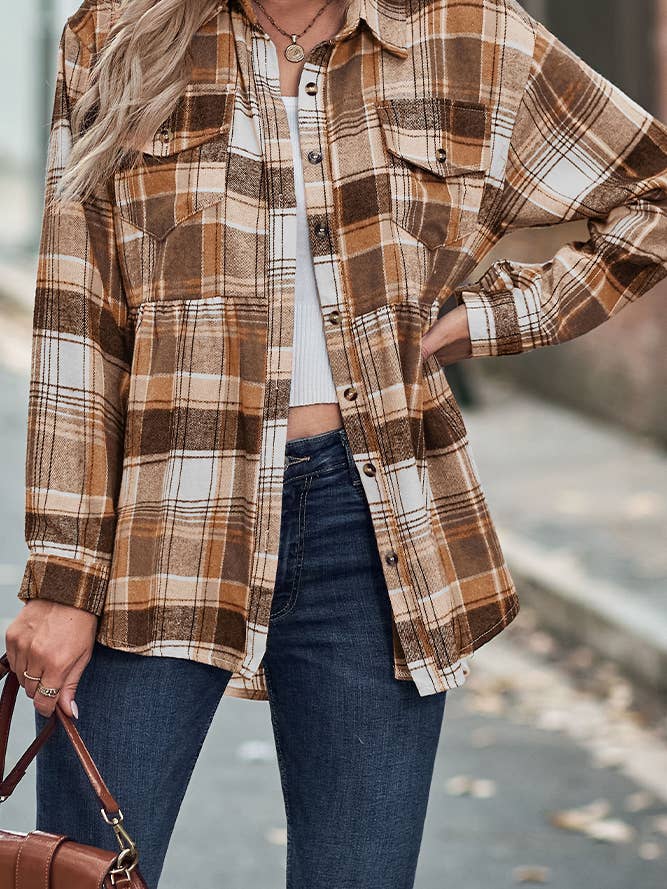 UNISHE - Wholesale Buttoned-down shirt – Women's - Plaid Open Button Flowy Shirts ZZKF0971