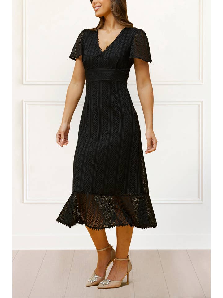 Black Bonnie Crochet Knit Midi Dress Lining Short Sleeves for wholesale on Faire