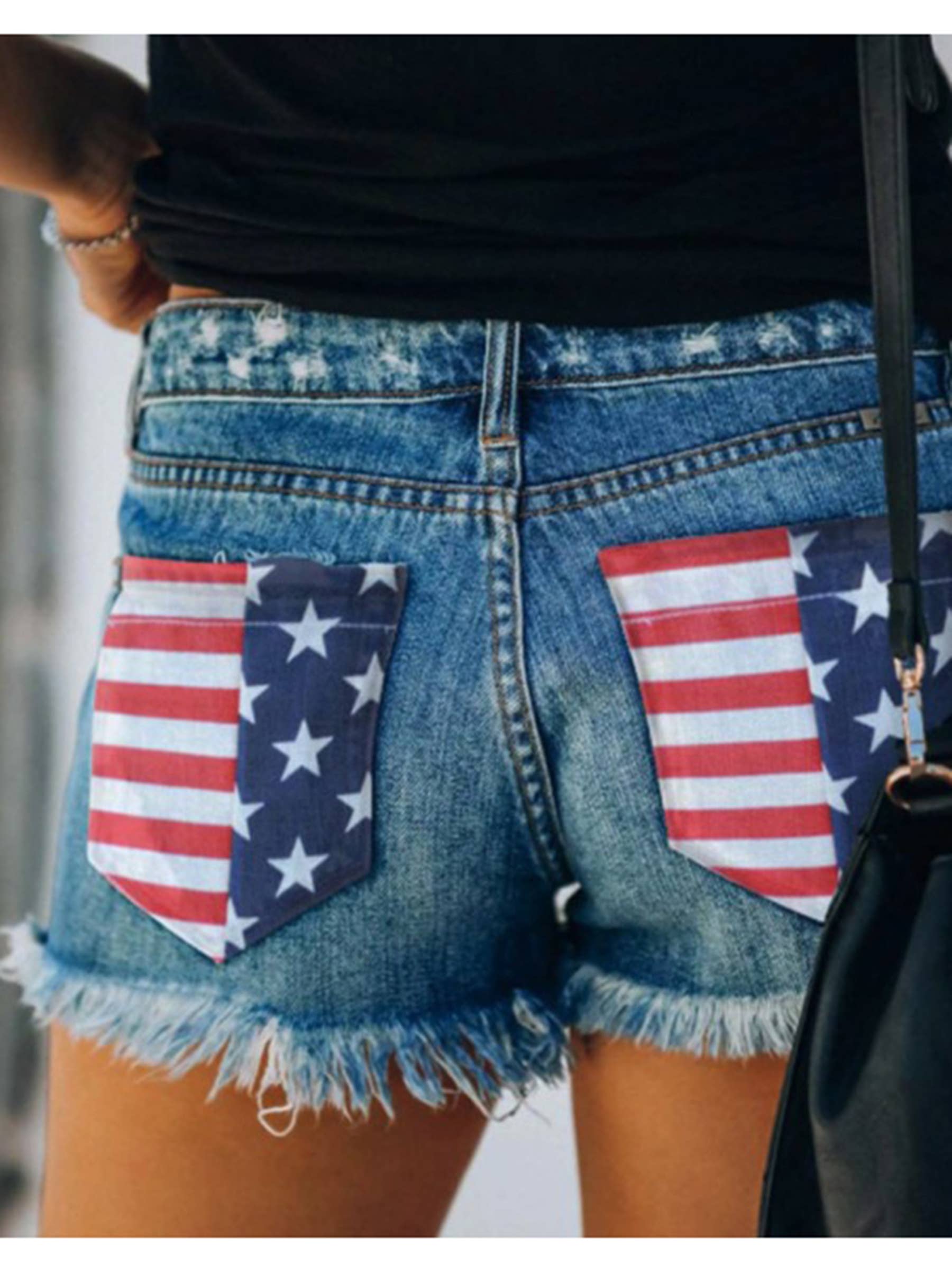 Wholesalesir - Wholesale Shorts - Women's - American Flag Printed Distressed Buttoned Denim Shorts3