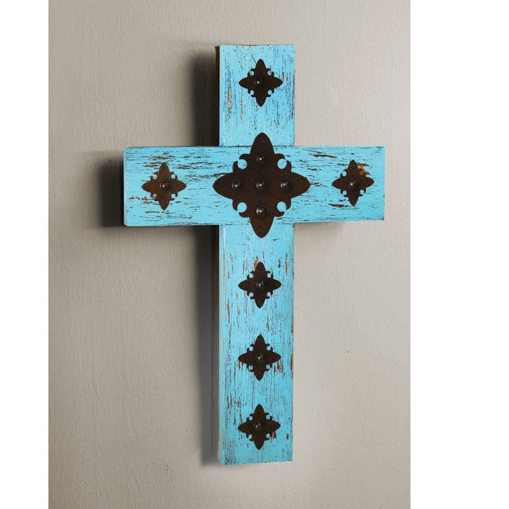 Dotted Wood Cross - Distressed Turquoise for wholesale by Manual Woodworkers and Weavers, Inc.