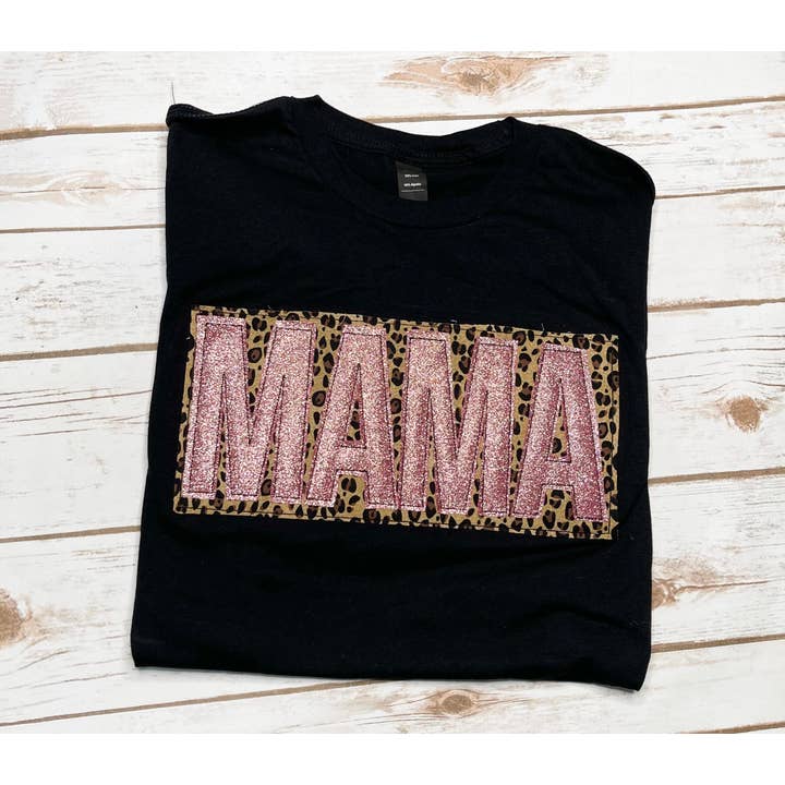 Rose Gold Glitter & Leopard Mama Tee for wholesale by BLUE MAGNOLIA MONOGRAMS