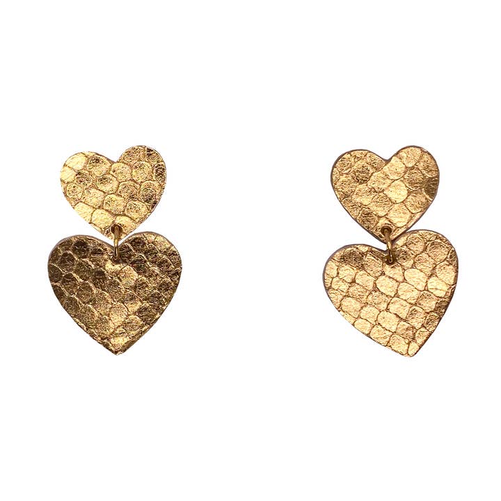 Double heart earrings in textured gold snake leather for wholesale by Manali