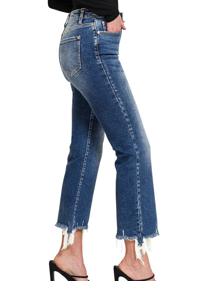 DARK ",,.Distressed Crop Flare DENIM PANTS for wholesale on Faire1