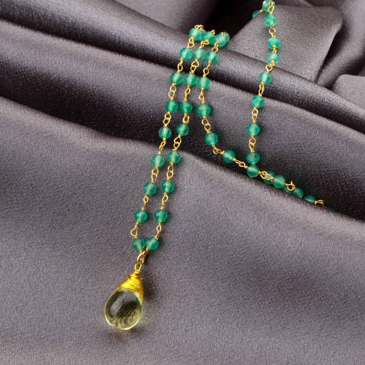Gemstone necklace with aventurine and citrine drop pendant - VIK-26 for wholesale by MadamLili