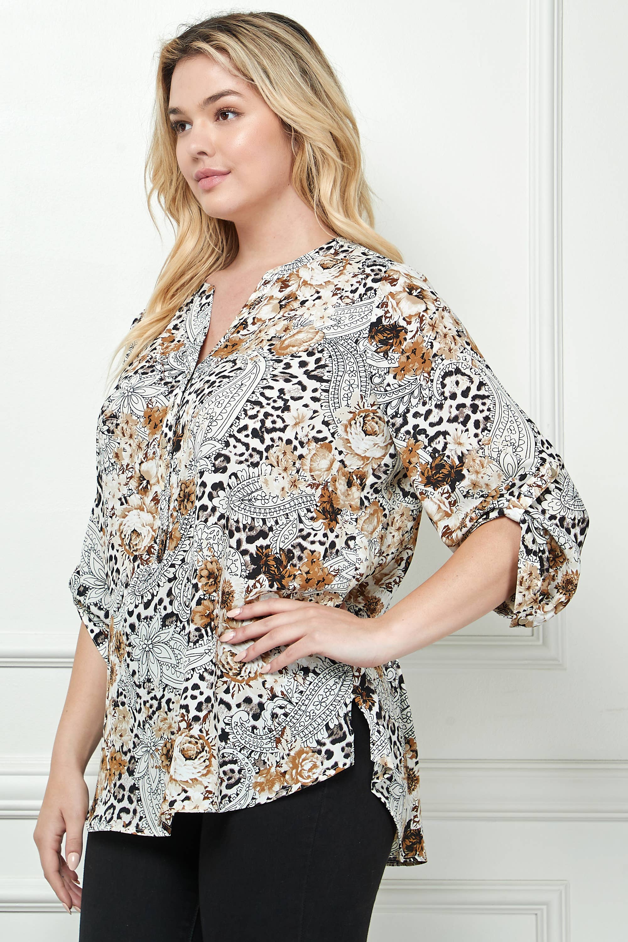Ivory Black Brow PLUS SIZE ABSTRACT ANIMAL PRINT BLOUSE G220977N30X for wholesale on Faire5