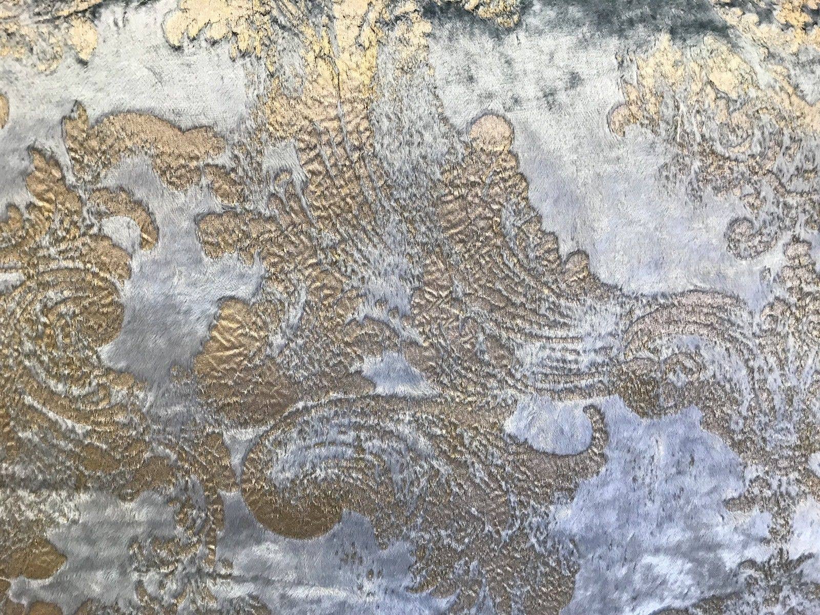 Fancy Styles Fabric – Engroshandel Stofbolt – FARVEPRØVE- Designer udbrændthed Antik inspireret fløjl stof æggeskal blå og guld2