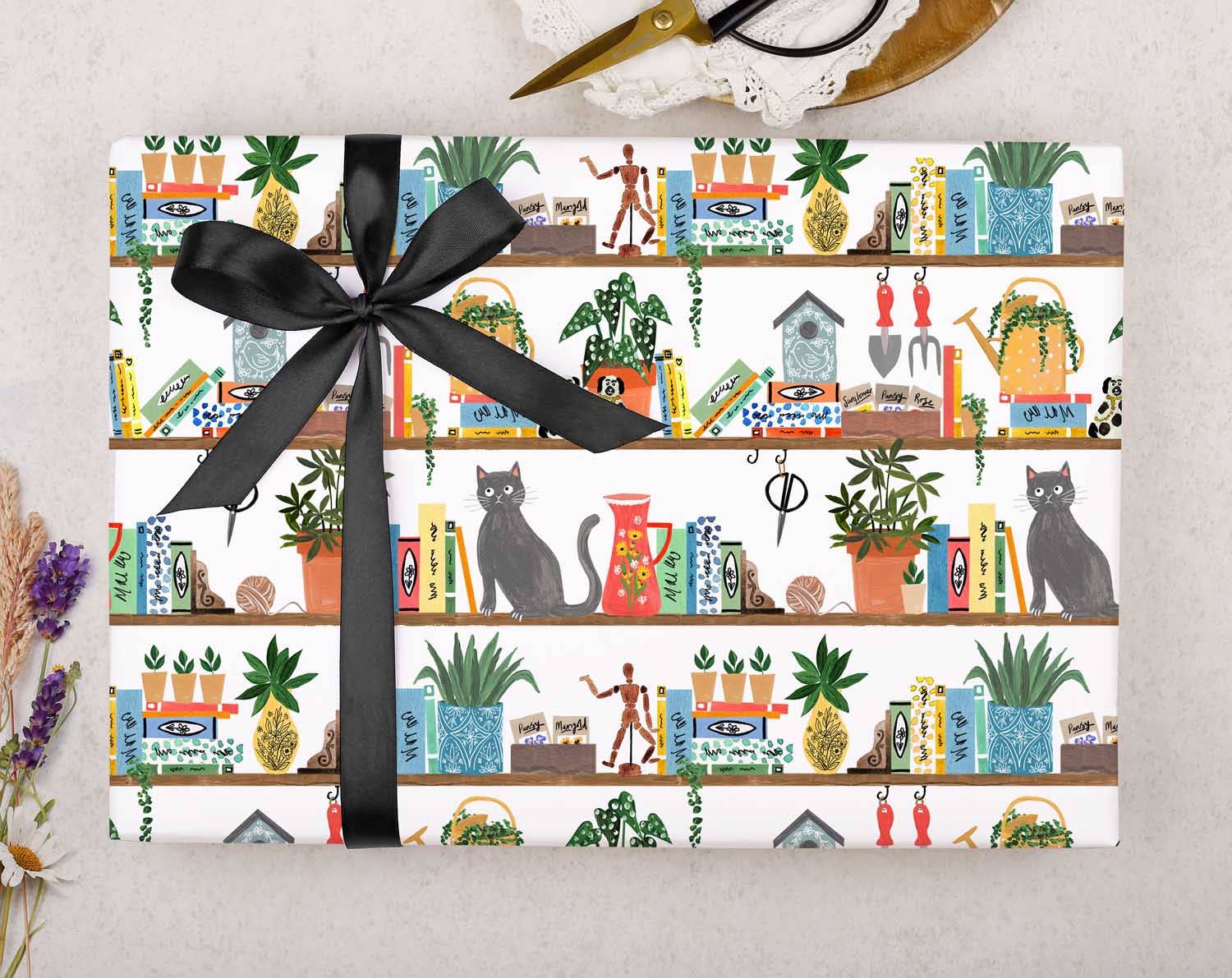 Making Meadows Ltd – wholesale Flat wrap – Cat On Bookcase Wrapping Paper | Gift Wrap0