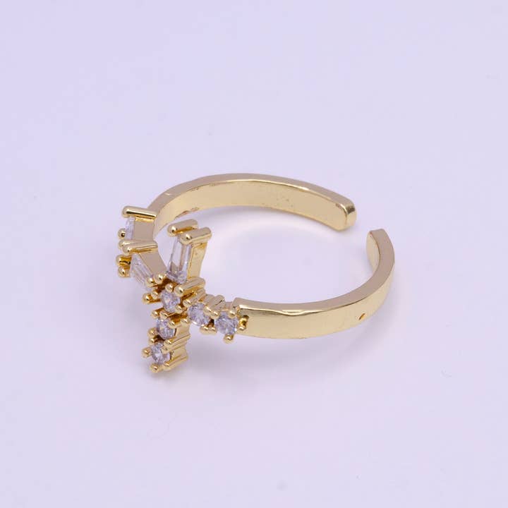 Aim Eternal - Wholesale Multi-Stone Ring - Gold Filled Sideway Cross Clear Baguette CZ Religious Ring