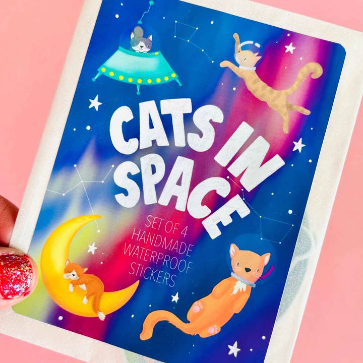 Space Cats Sticker Set- Handmade Set of 4 Waterproof Vinyl Stickers for wholesale by Pixiecraft
