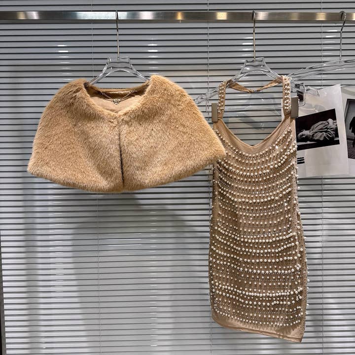 Khaki DR899 Winter Plush Cape and Pearl-Trim Bodycon Dress Set for wholesale on Faire2