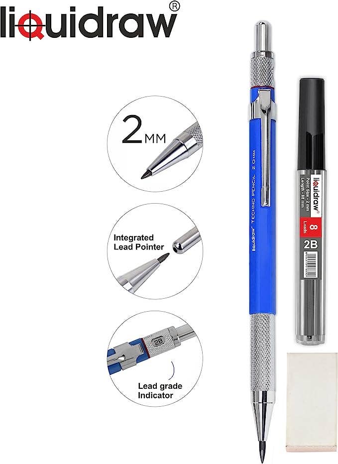 Liquidraw – wholesale Pencil – Liquidraw Mechanical Clutch Pencil 2mm With 8 x 2B Leads, Eraser & Integrated Sharpener For Architectural Technical Drawing Artists Architects Engineers Drafting Carpenters Sketching Writing0