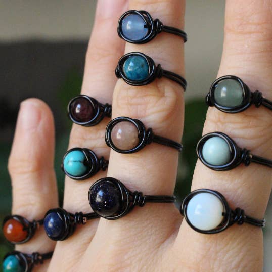 Gratefully Dreaming - Wholesale Single Stone/Solitaire Ring - Black Wire Wrapped Gemstone Rings1