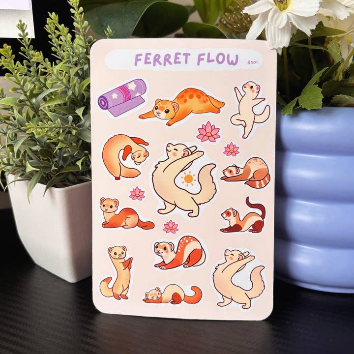 Drimsy Studio - Wholesale Sticker - Ferret Flow Sticker Sheet #07 | Cute Critters Stretching Yoga | Planner and Journal Accessory