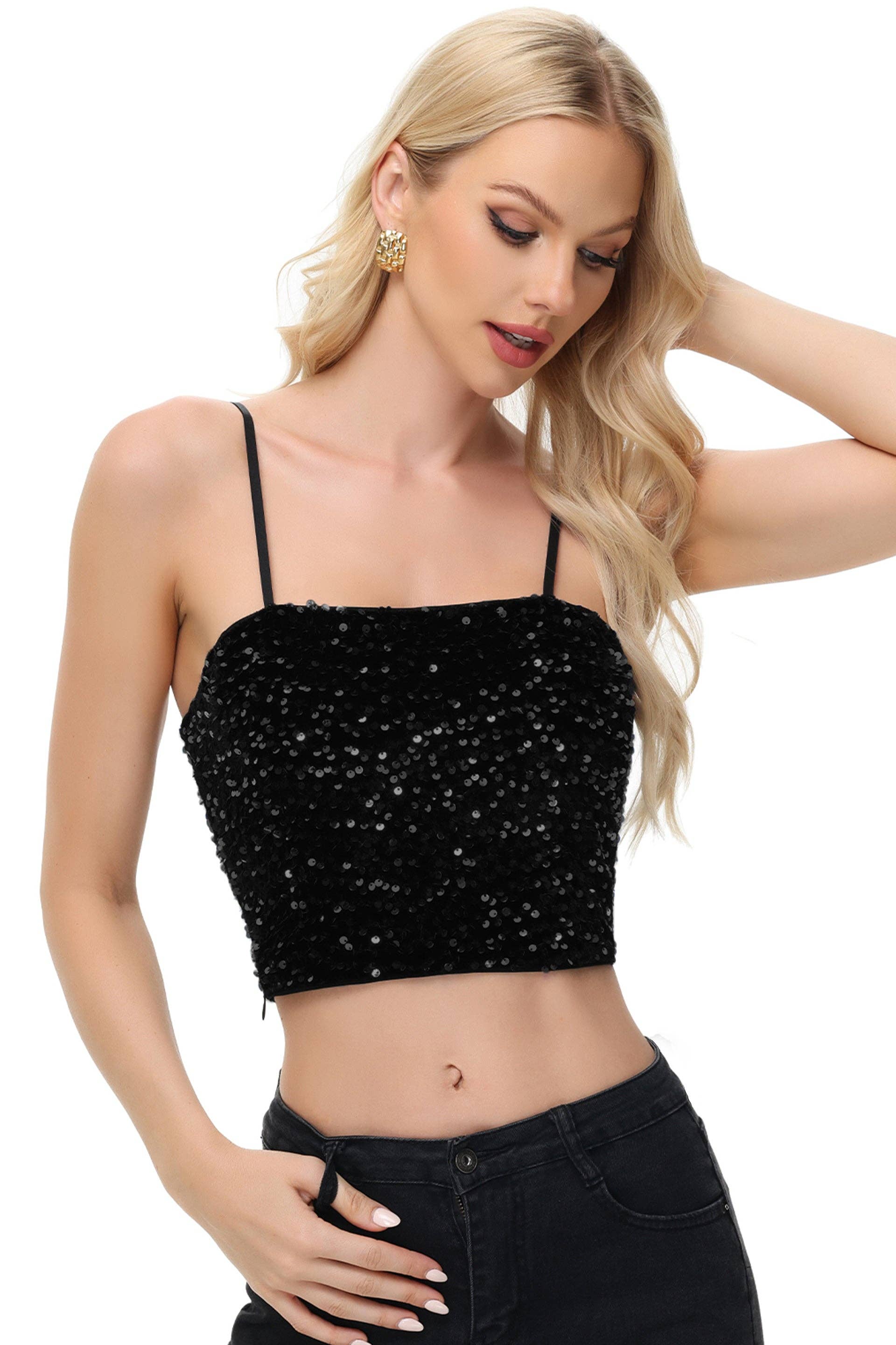 Anna Kaci Wholesale - Wholesale Camisole - Women's - Sparkly Sequin Cami Tops Crop Club Party Glitter Spaghetti2