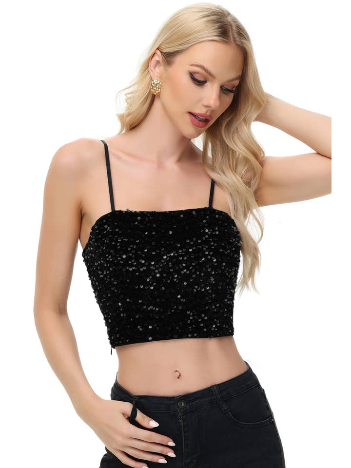 Anna Kaci Wholesale - Wholesale Camisole - Women's - Sparkly Sequin Cami Tops Crop Club Party Glitter Spaghetti2