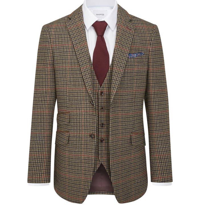 Skopes Tailored Fit Suit Jacket Whitaker in Lovat and Red Dogtooth for wholesale by Brooklyn Big & Tall