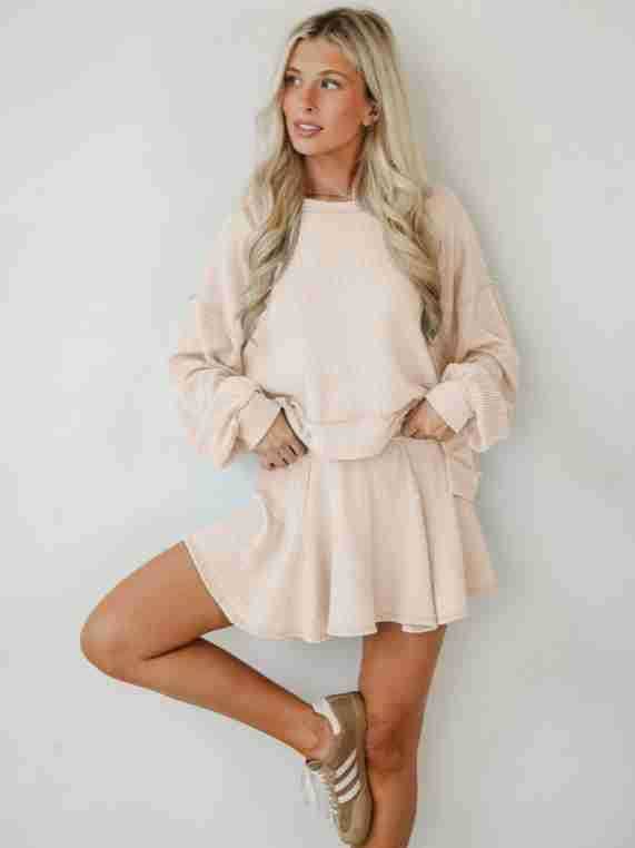 Marayn - Wholesale Top & Skirt Set - Women's - Autumn Ribbed Set Lantern Sleeve Top  Pleated Skirt12