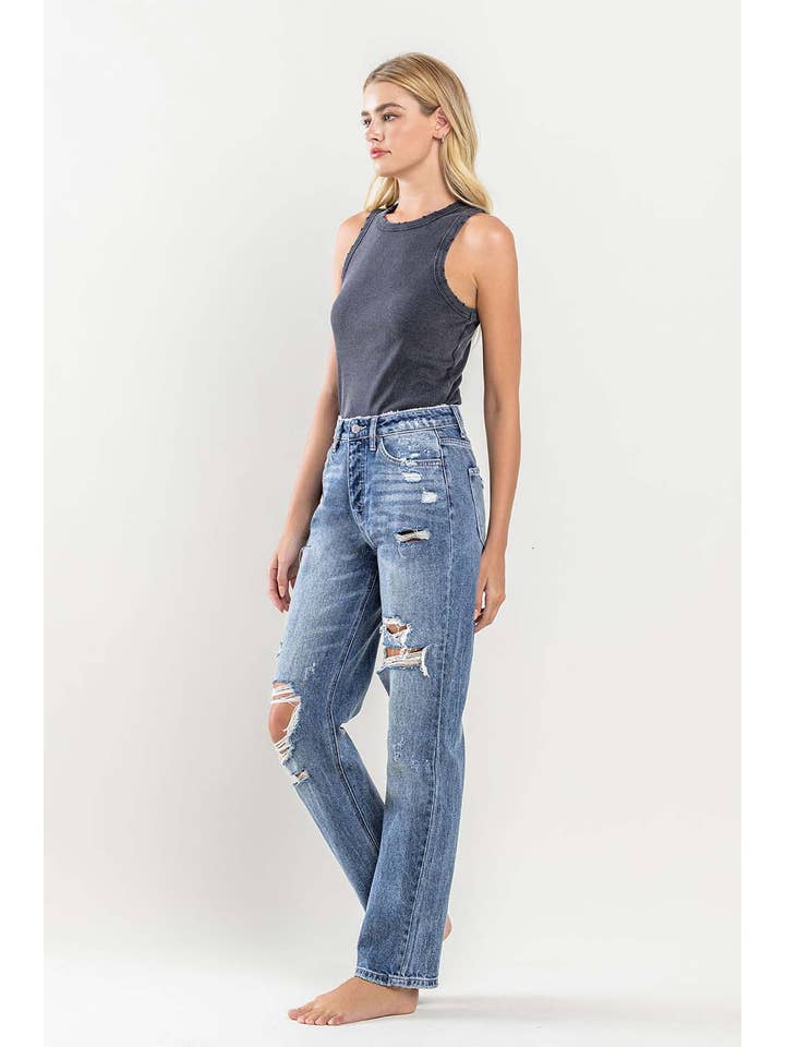 MASE SUPER HIGH RISE DISTRESSED STRAIGHT JEANS Y3913 for wholesale on Faire