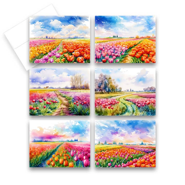 Tarjetas de felicitación surtidas de campos de tulipanes, juego de 6, interior en blanco para venta al por mayor de Aria Rae