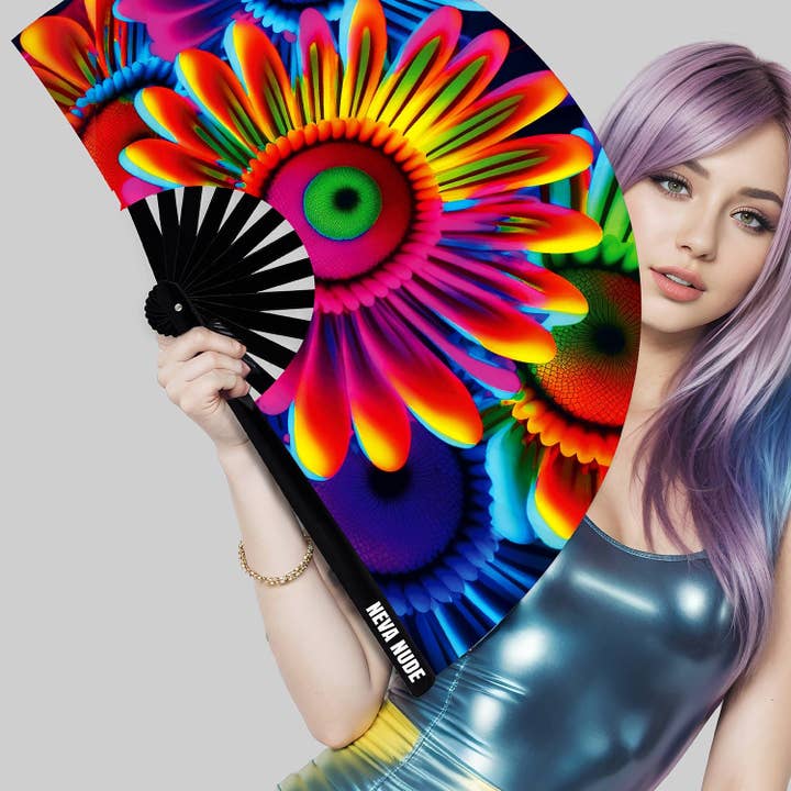 Neon Carnival Daisy Blacklight Folding Fan for wholesale on Faire4