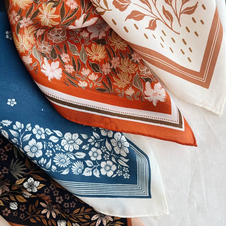 Flora West Design - Wholesale Bandana – Women's - 100% Silk Bandana Scarf -Santorini Floral China Blue Western7