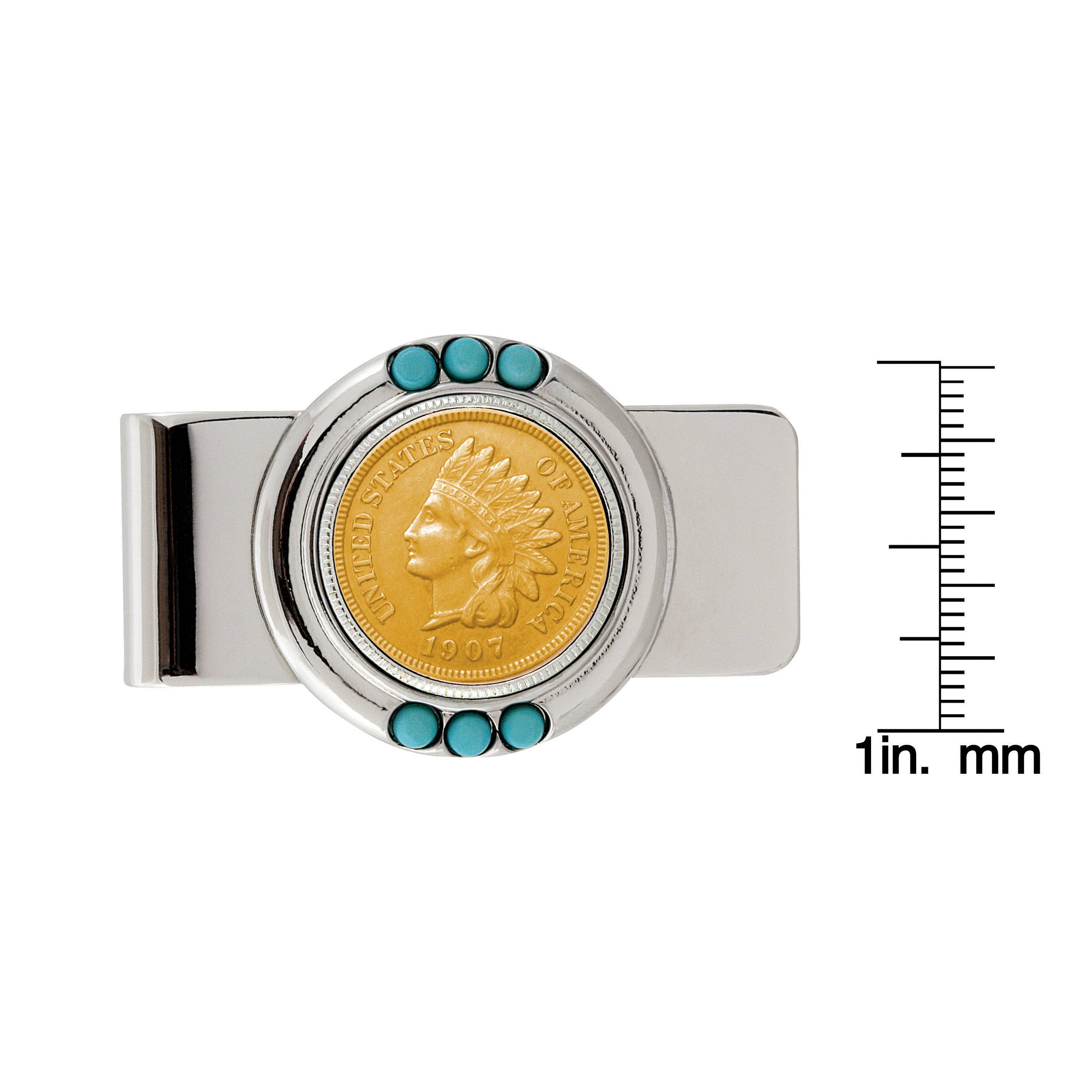 American Coin Treasures - Wholesale Money Clip - Unisex - Gold-Layered Indian Penny Turquoise Coin Money Clip1