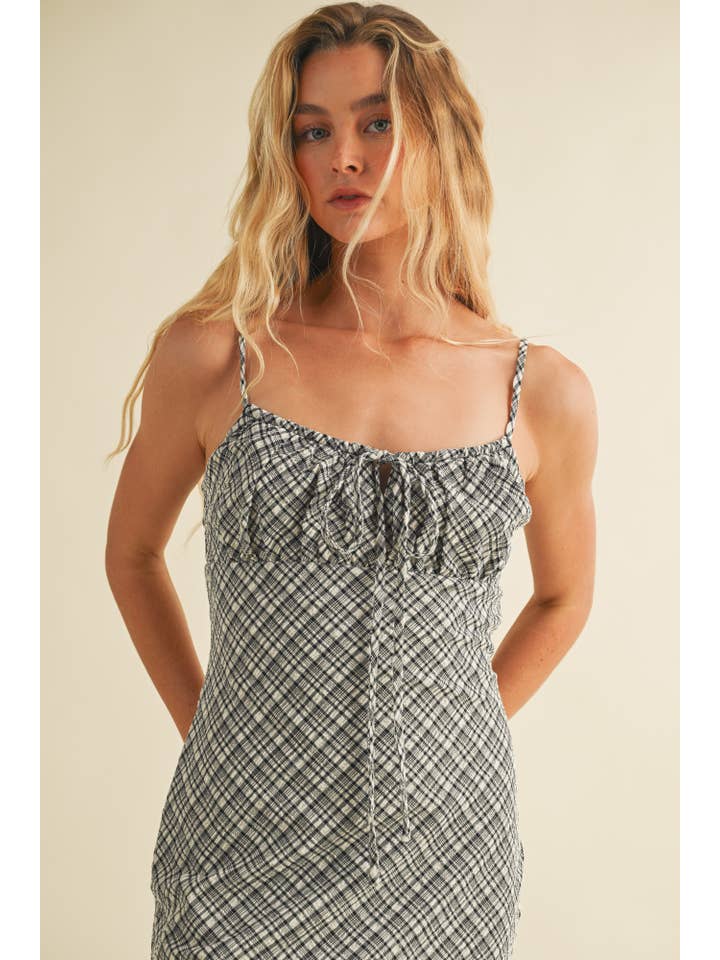 Mustard Seed - Wholesale Dress - Women's - TEXTURED PLAID DRAWSTRING NECK MIDI DRESS