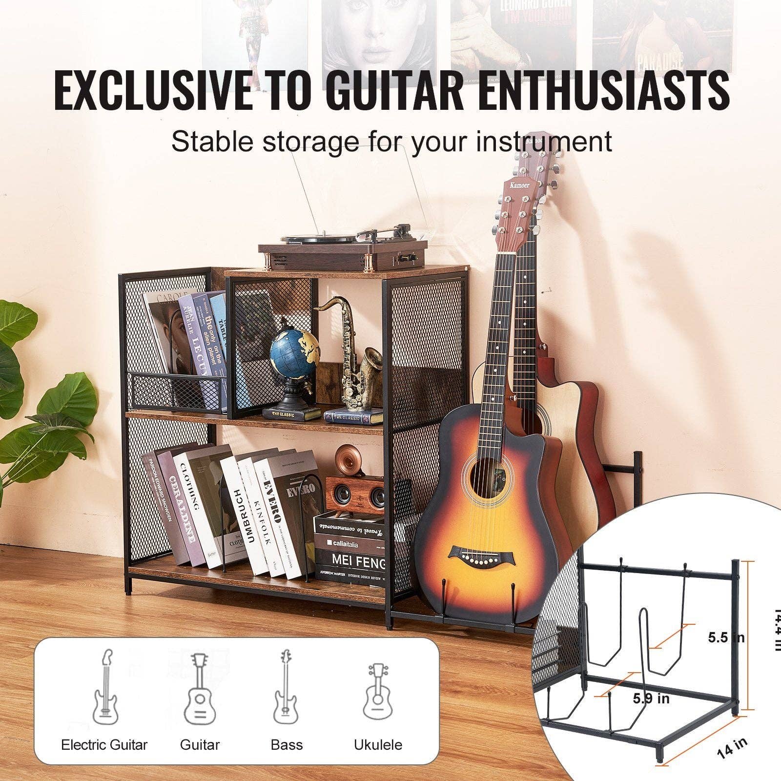 Hard Rock Health Stores - Wholesale Retailer Display Stand/Case - Record Player Stand 3-Tier Metal Turntable Stand with Guitar Store Black2