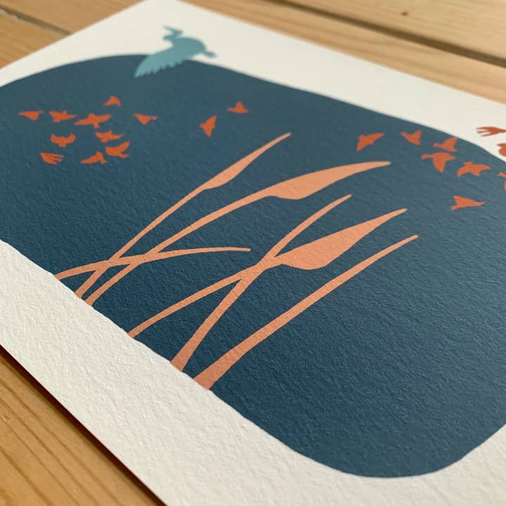 Heron And Reeds Print, A6, A5,A4, A3 Blue Heron Flying print for wholesale by Little Bird Editions