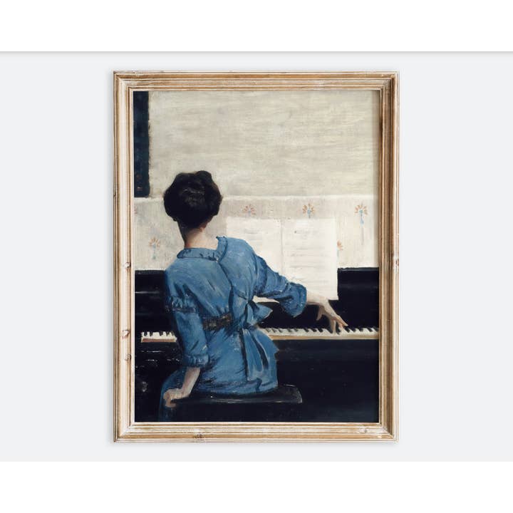 Vintage Girl in Blue Playing Piano Portrait Art Print VP378 for wholesale by Sugar & Canvas