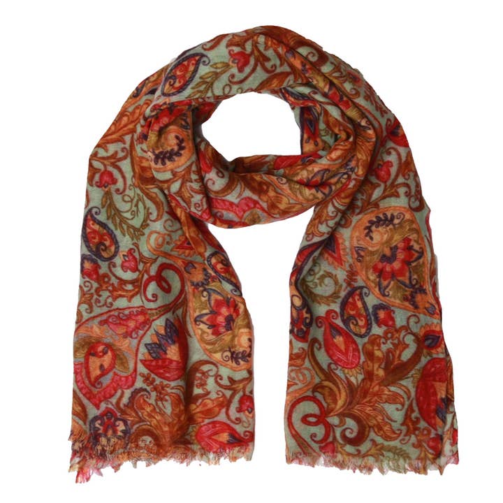 Brown Paisley Cotton Merino Wool Silk Designer Scarf for wholesale on Faire0