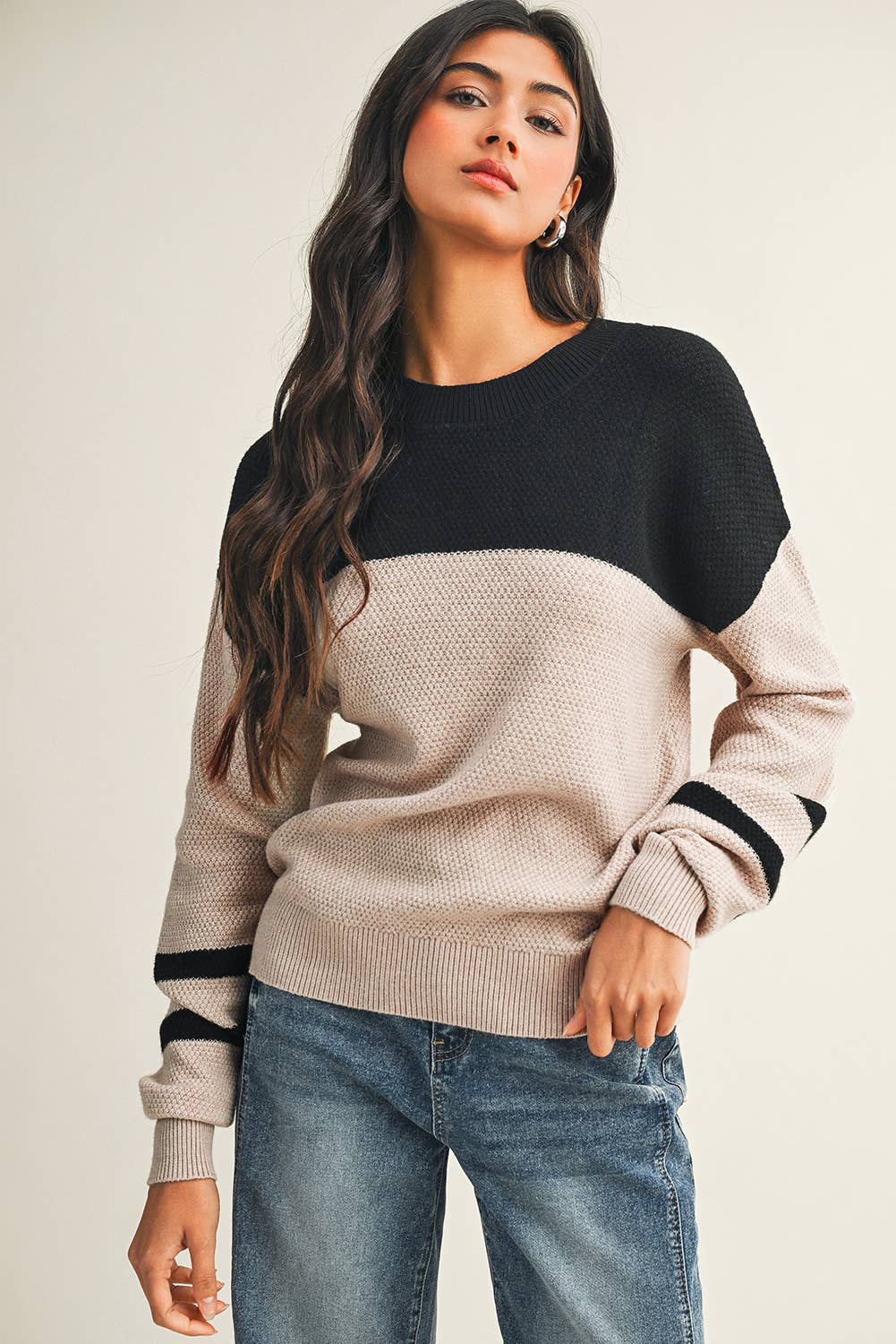 Parchment  LDC Color Block Knit Striped Sleeve Detail Casual Sweater for wholesale on Faire3