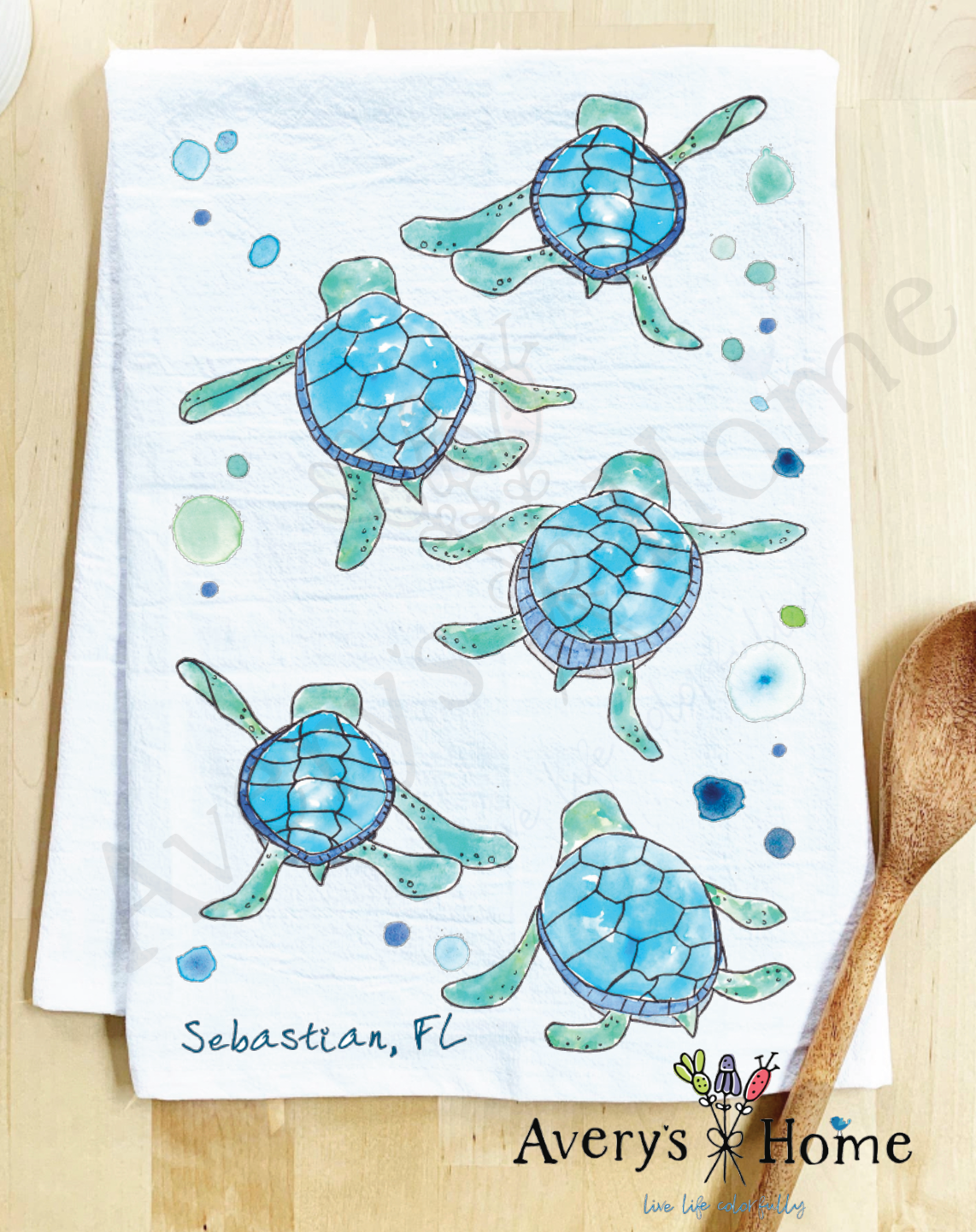 Avery's Home - Vente Torchons - Serviette de cuisine personnalisable avec adorables bébés tortues marchant sur la côte25