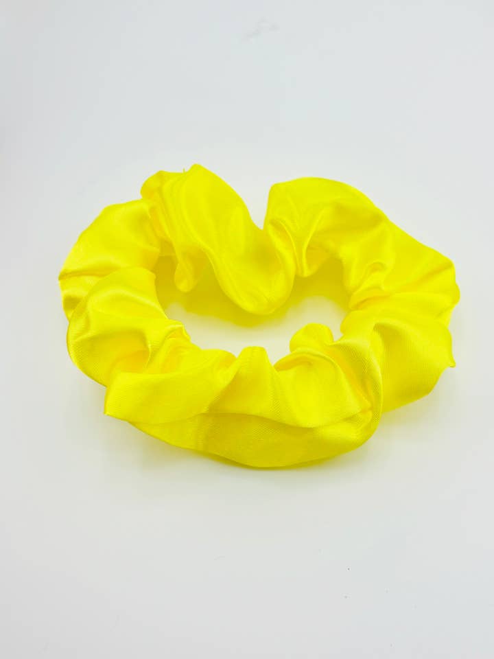 Neon yellow charmeuse scrunchies for wholesale by Bella Blu Designs