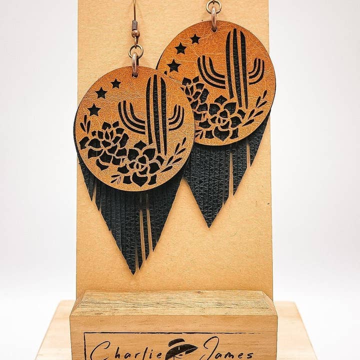 Charlie James Artisan Boutique - Wholesale Dangle earrings - Leather Fringe Earrings, Cactus Earrings, Desert Earrings, Western Earrings, Desert Rose Earrings, Boho Earrings, Leather Earrings, Mojave