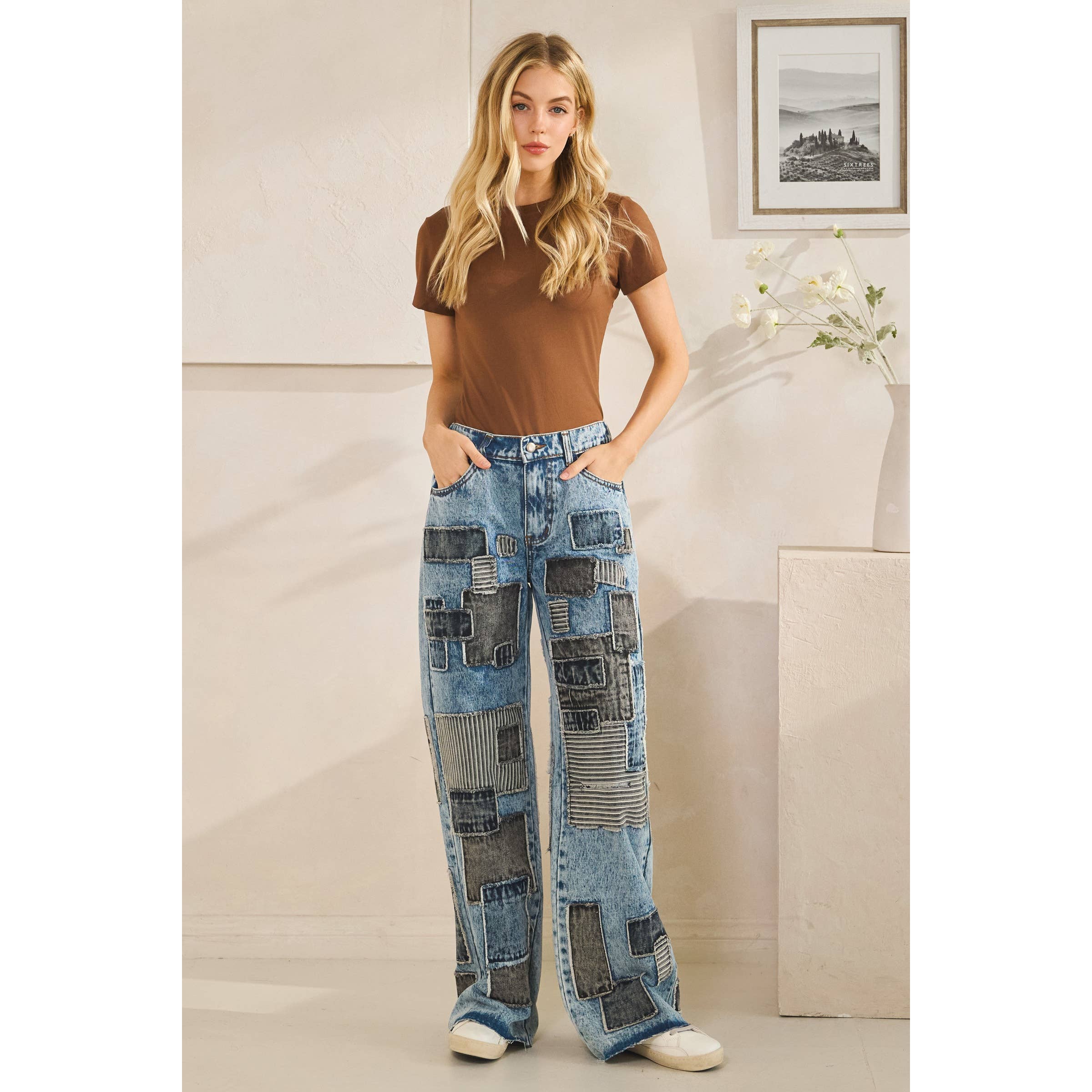 DENIM MULTI SQUARE PATCHES STRAIGHT JEANS for wholesale on Faire2