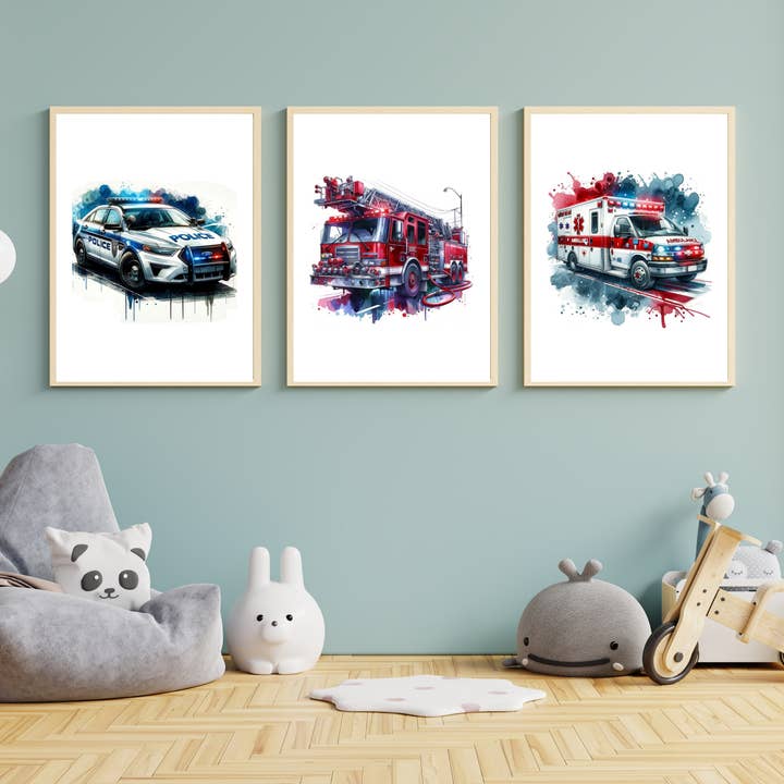 Triptyque d'affiches pour crèches - Voiture de police, camion de pompiers et ambulance pour la vente par Dutch by brand