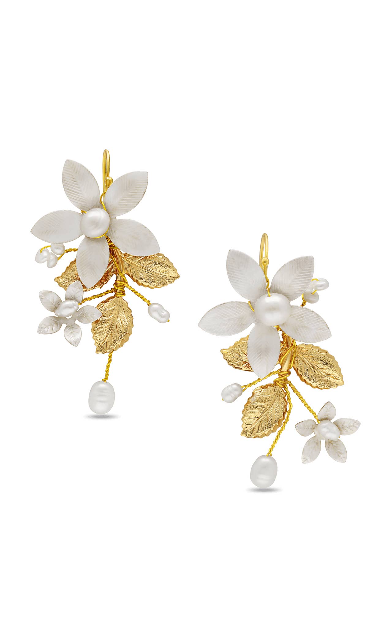 Miss Foxine Couture - Wholesale Dangle Earrings - Evanthe Floral Bridal Earrings with Freshwater Pearls and Enamel