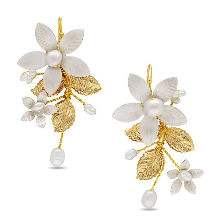 Miss Foxine Couture - Wholesale Dangle Earrings - Evanthe Floral Bridal Earrings with Freshwater Pearls and Enamel0