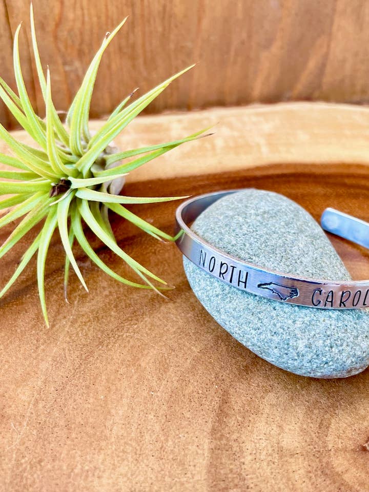 North Carolina Hand Stamped Metal Cuff Bracelet for wholesale by Adventures in Bloom