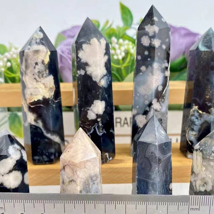 Moon Rituals - Wholesale Spiritual Stone/Crystal - Black Flower Agate Crystal Obelisk Tower Point Generator
