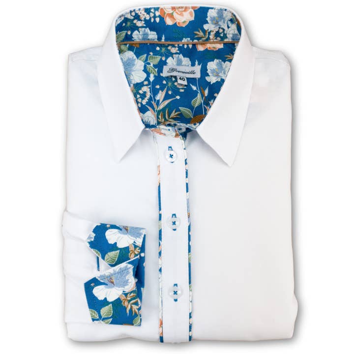 Grenouille White Shirt with Blue & Peach Beige Flower Detail for wholesale by Salamander Shirts Ltd